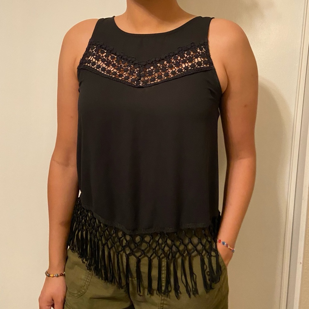Monteau Black Embellished Sleeveless Open Back Tank Top with Fringe Size Small